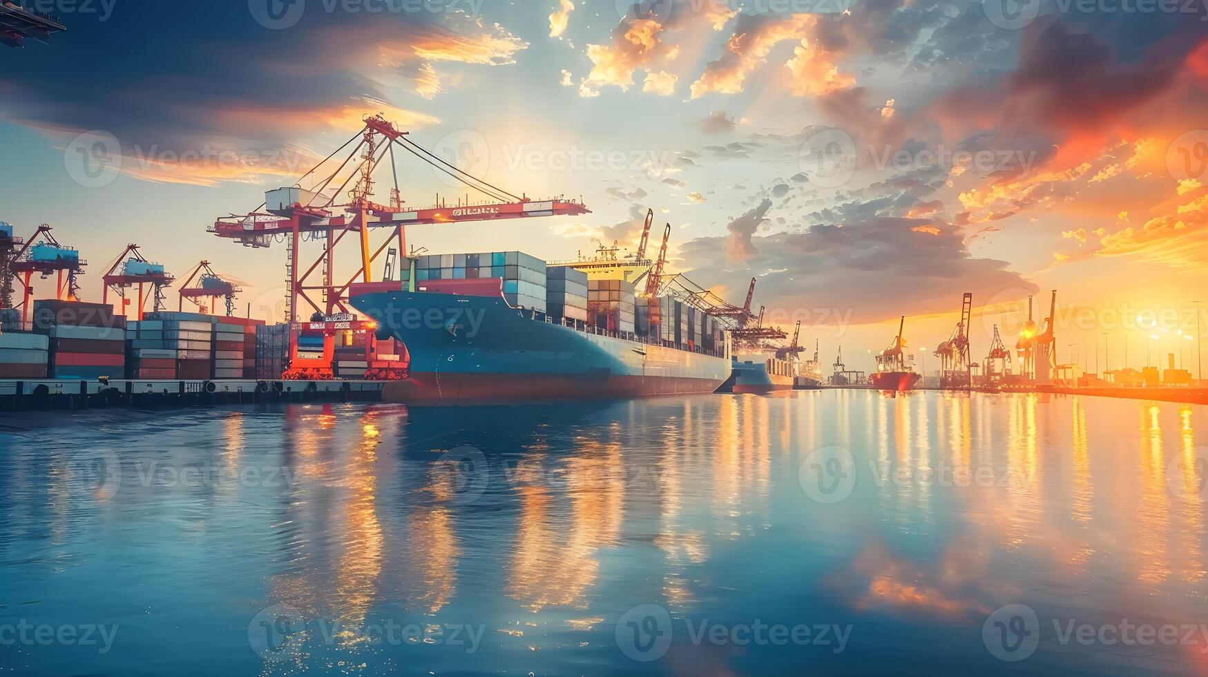 AI generated A ship for transporting cargo containers and also unloading it at the docks of a cargo port. AI Generated photo