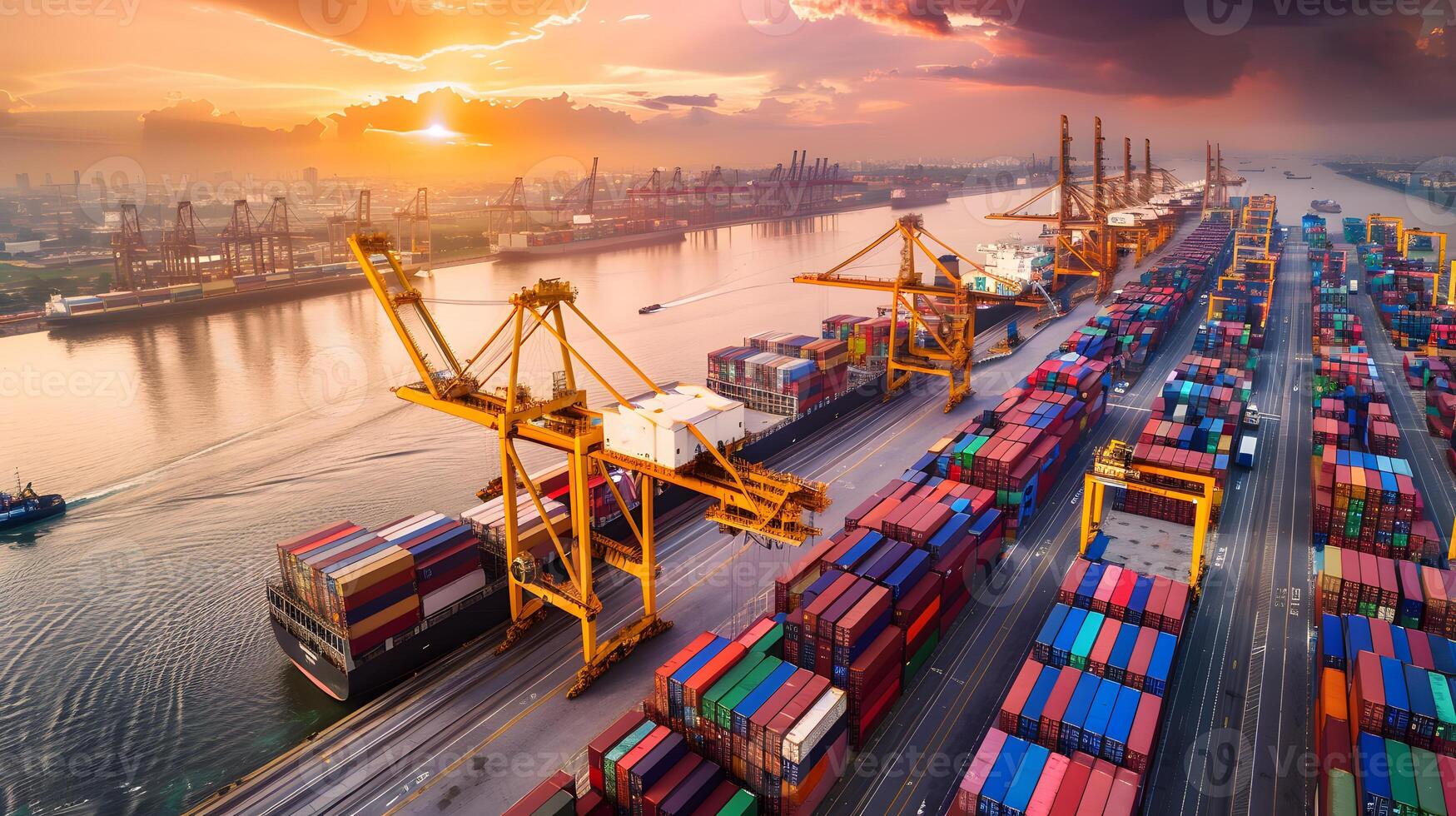 AI generated A ship for transporting cargo containers and also unloading it at the docks of a cargo port. AI Generated photo