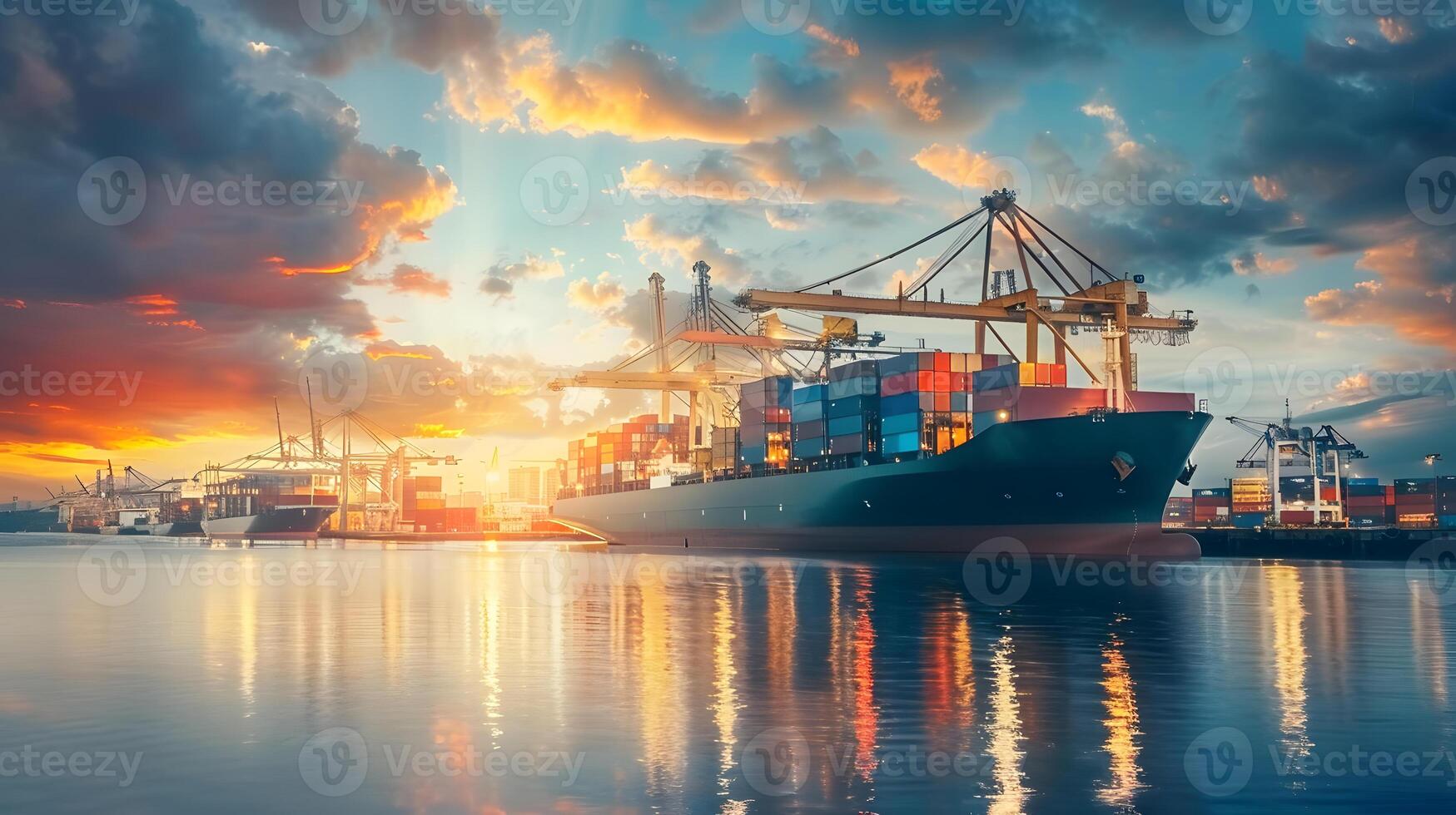 AI generated A ship for transporting cargo containers and also unloading it at the docks of a cargo port. AI Generated photo