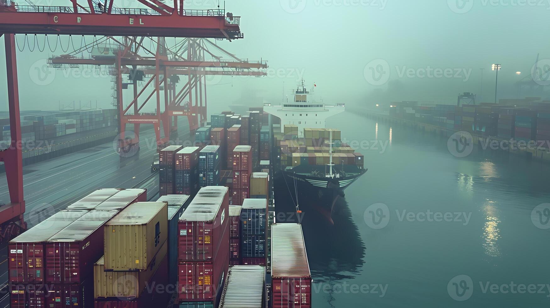 AI generated A ship for transporting cargo containers and also unloading it at the docks of a cargo port. AI Generated photo