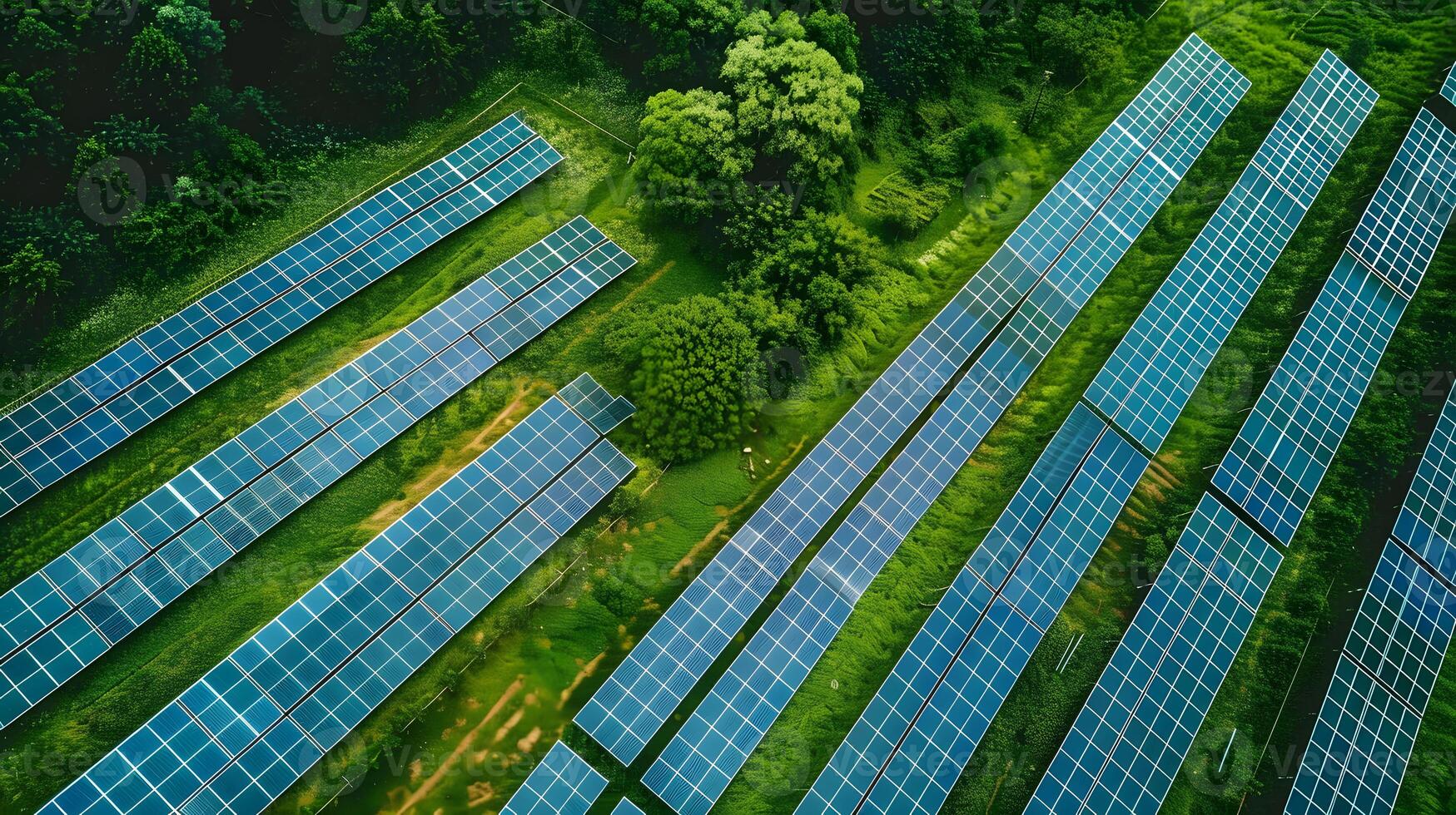 AI generated Fields of solar panels and systems to produce green electricity. AI Generated photo