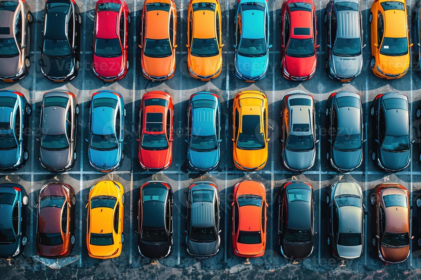AI generated many different multicolored cars standing in rows in the parking lot, top aerial view photo