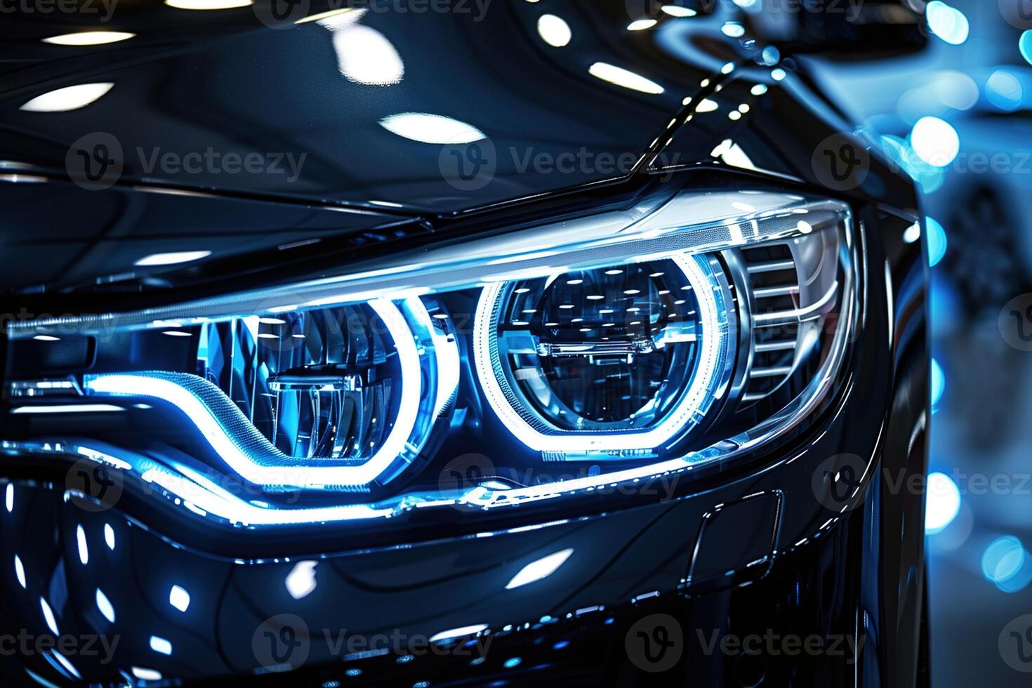 AI generated Closeup view of the headlight of a new shiny black car parked indoors under bright blue lights photo