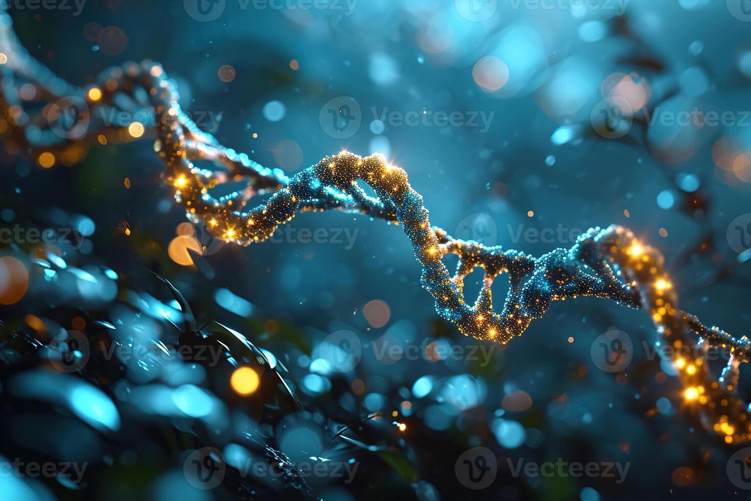 AI generated Closeup image of a human dna cell with glowing orange dots inside of an on a dark blue background photo