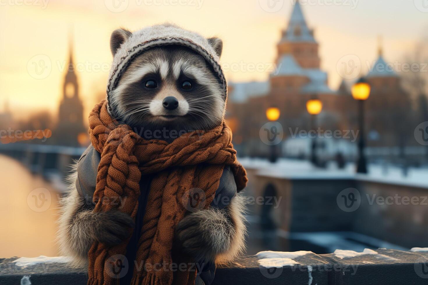 AI generated Illustration of a cute anthropomorphic traveler raccoon in a brown scarf, a woolen gray hat and with fluffy paws stands on a bridge over a city river photo