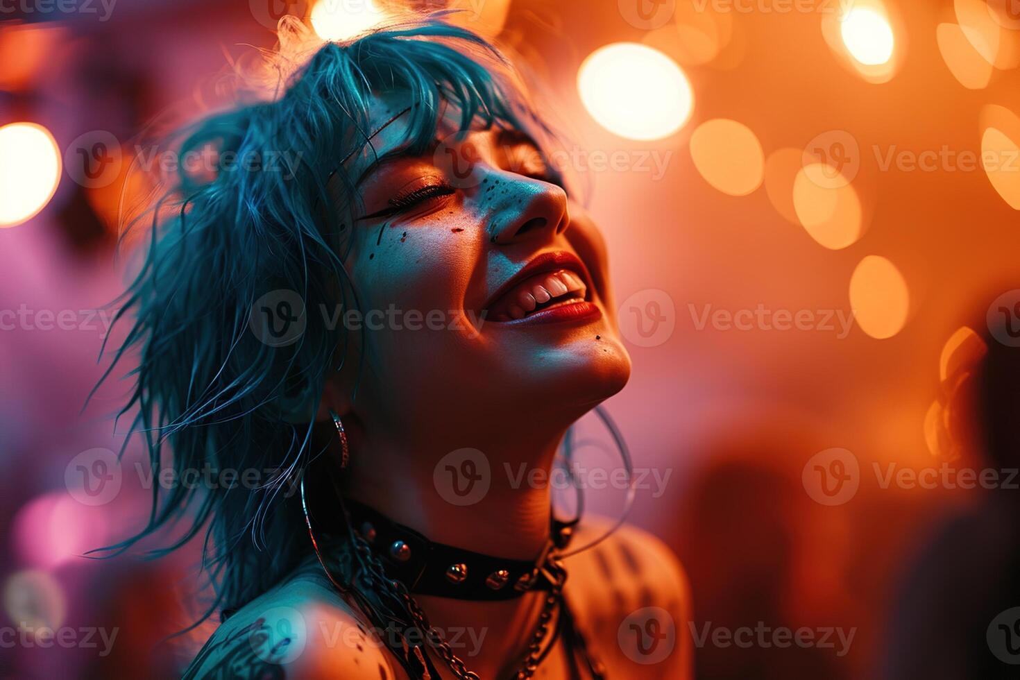 AI generated Young attractive punk woman with turquoise green, piercing and choker necklace having fun on blurred background of concert in nightclub photo