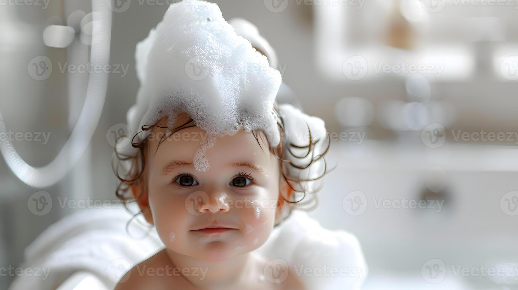 ai generado un linda pequeño niño con pequeño espuma en su cabeza. ai generado foto