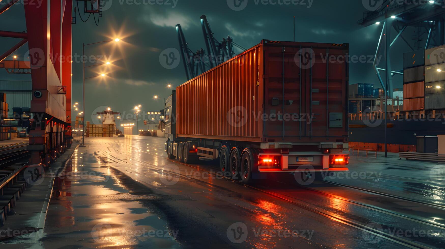 AI generated Truck trailer on the pier in the cargo port terminal with cranes and containers. AI Generated photo