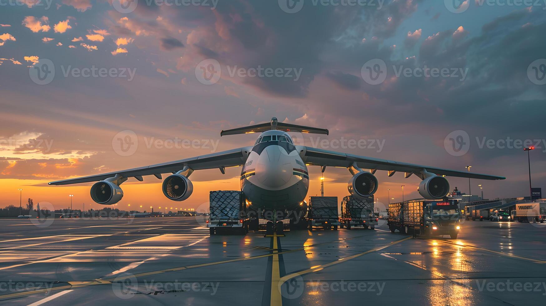 AI generated A cargo plane at the airport docks loads or unloads cargo. AI Generated photo