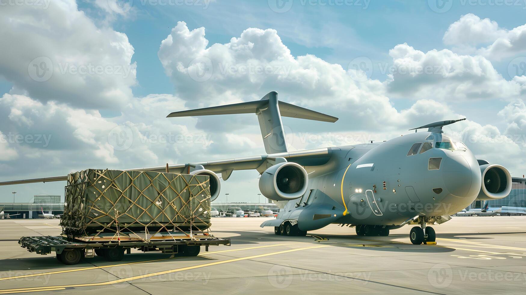 AI generated A cargo plane at the airport docks loads or unloads cargo. AI Generated photo