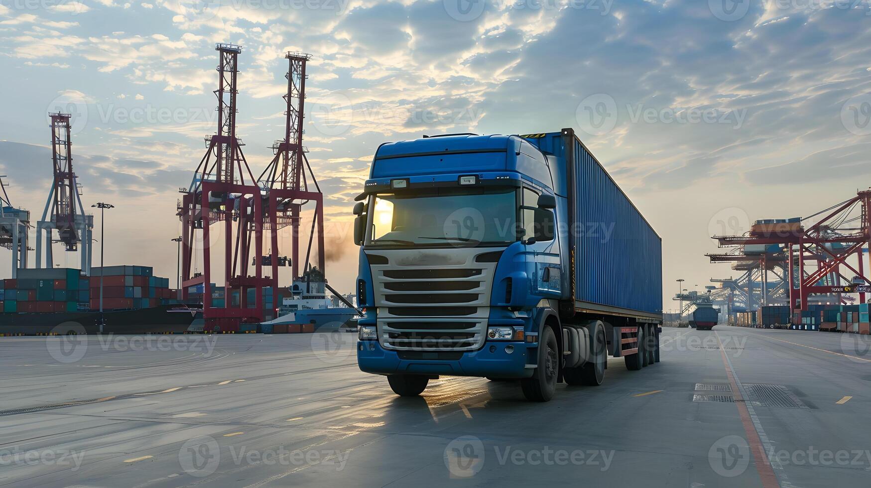 AI generated Truck trailer on the pier in the cargo port terminal with cranes and containers. AI Generated photo