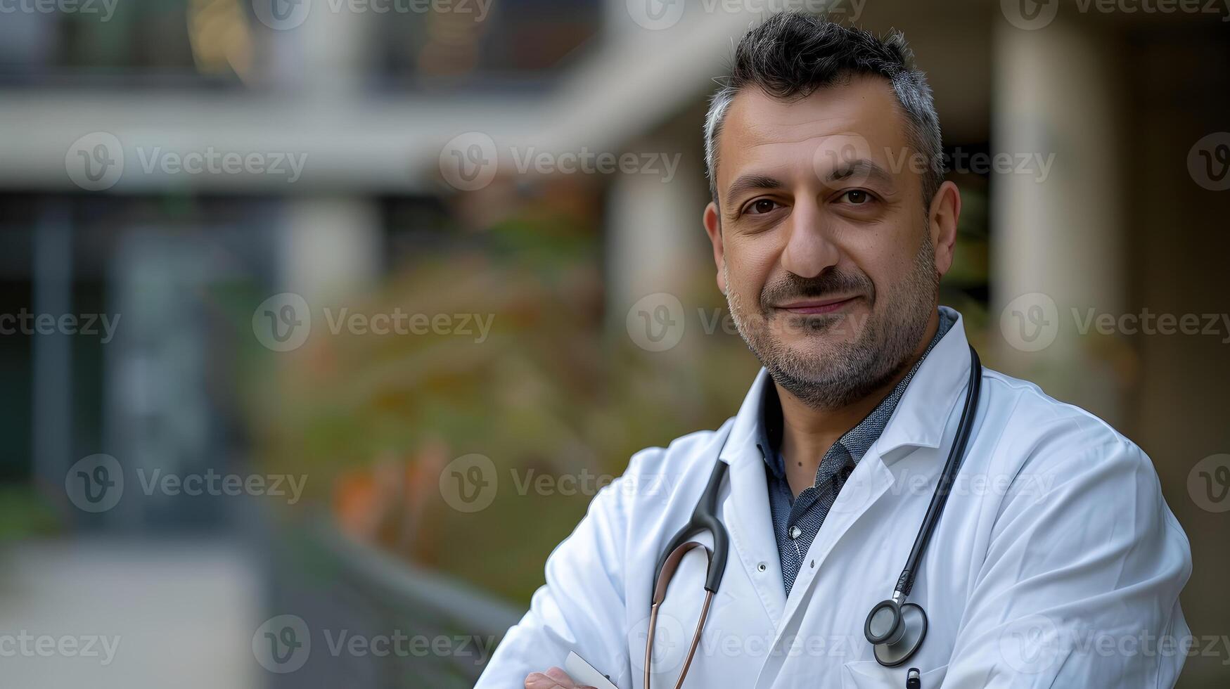 ai generado retrato de un masculino médico trabajador con un estetoscopio. ai generado foto