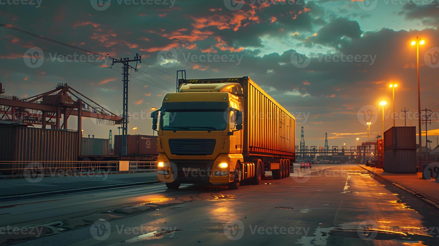AI generated Truck trailer on the pier in the cargo port terminal with cranes and containers. AI Generated photo