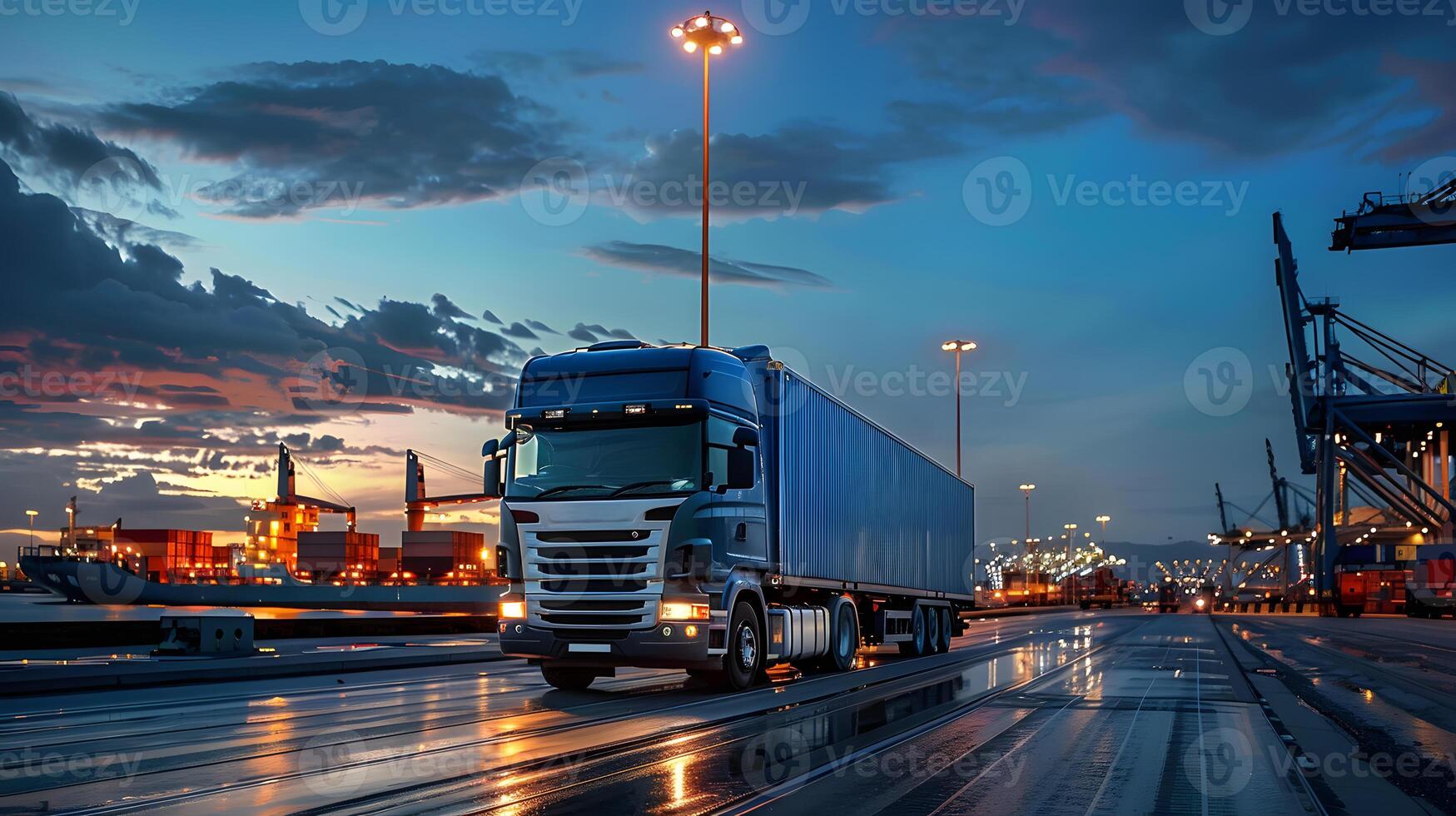 AI generated Truck trailer on the pier in the cargo port terminal with cranes and containers. AI Generated photo