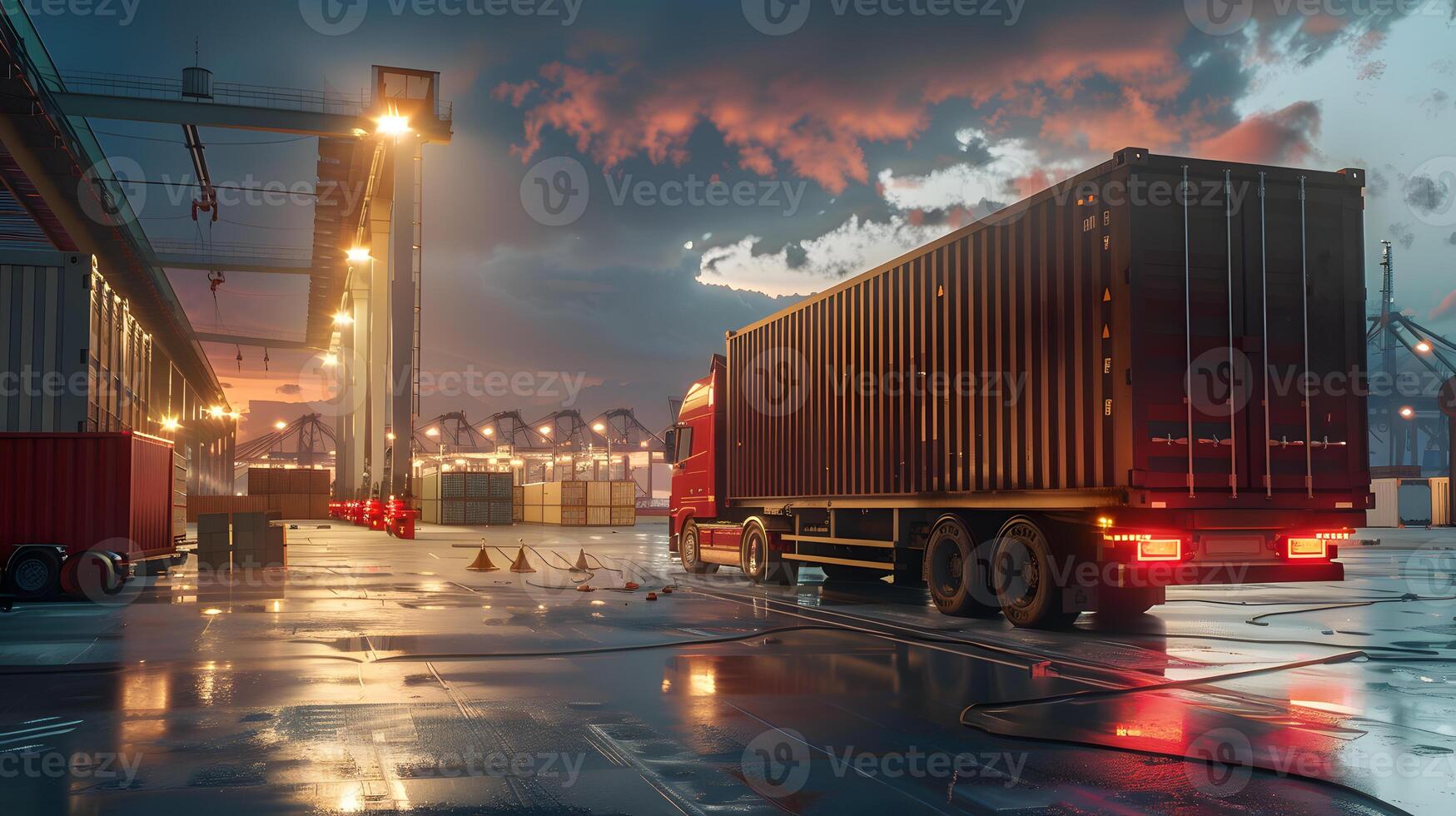 AI generated Truck trailer on the pier in the cargo port terminal with cranes and containers. AI Generated photo