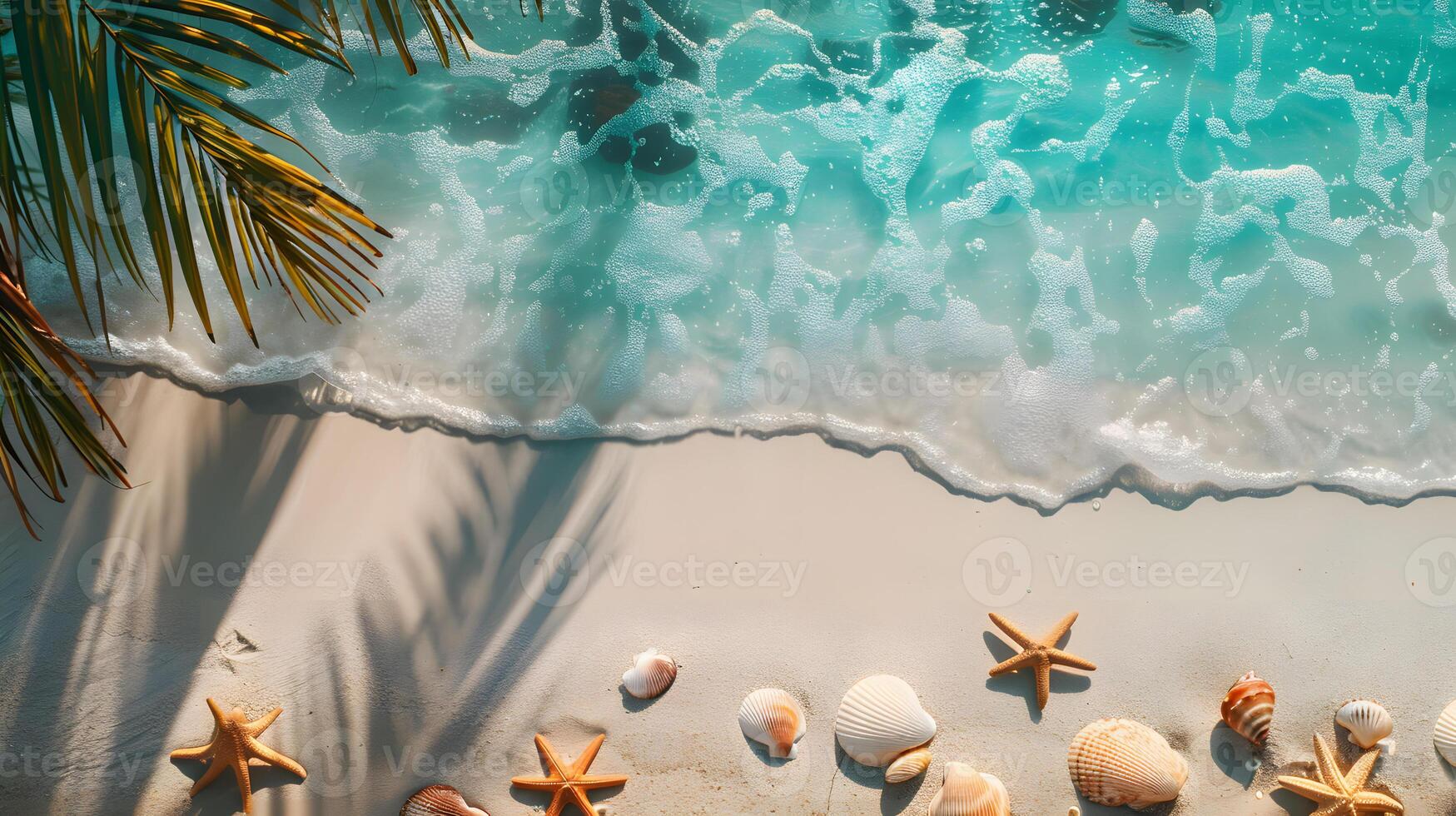 AI generated Azure coast of the ocean with palm trees, sand, surf and shells. AI Generated photo