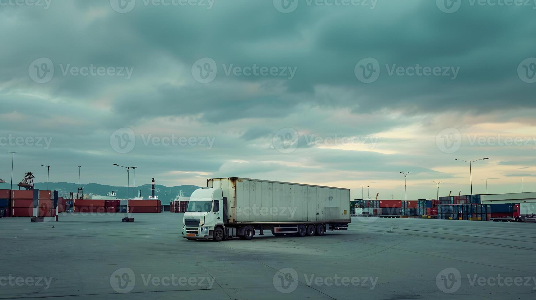 ai generado camión remolque en el muelle en el carga Puerto terminal con grúas y contenedores ai generado foto