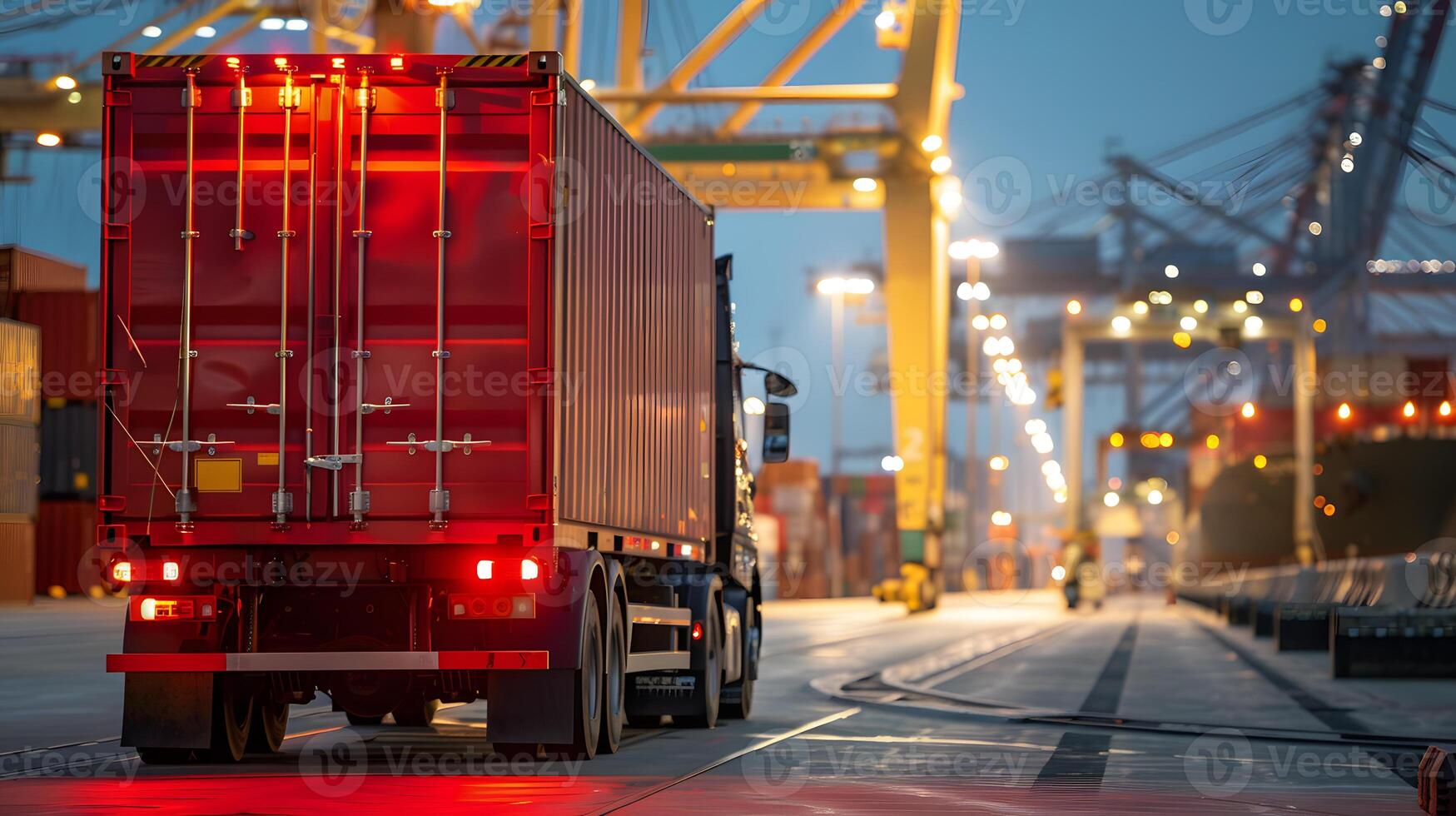 AI generated Truck trailer on the pier in the cargo port terminal with cranes and containers. AI Generated photo