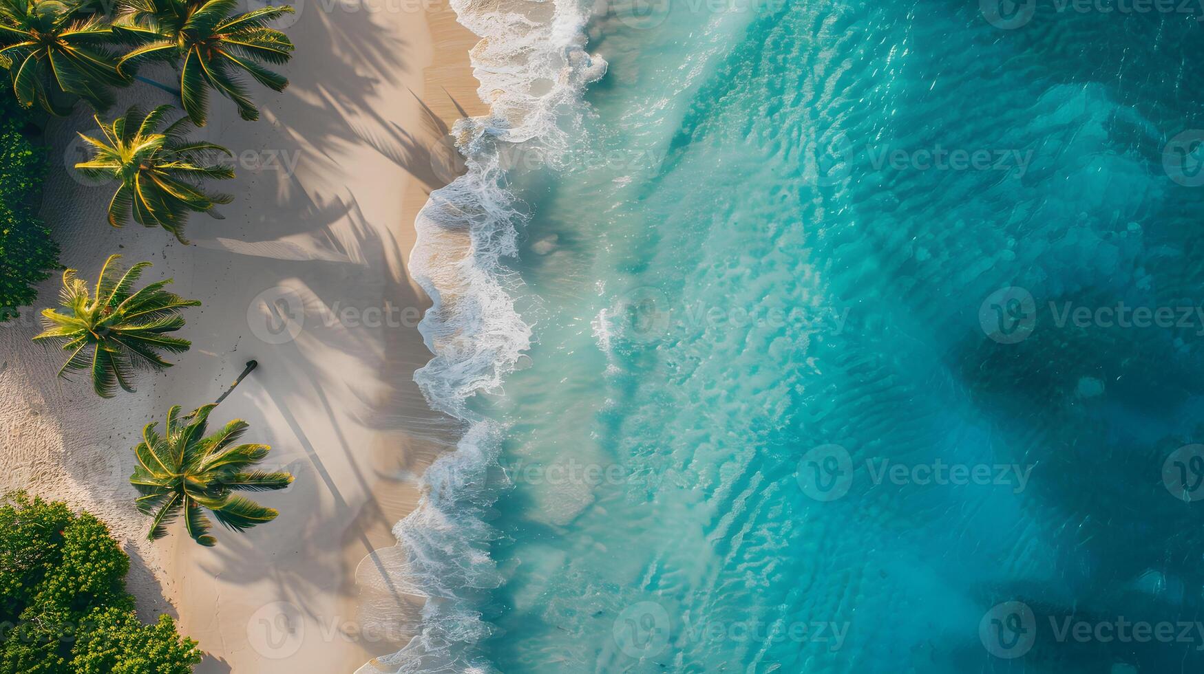 Azure coast of the ocean with palm trees, sand, surf and shells. AI Generated photo