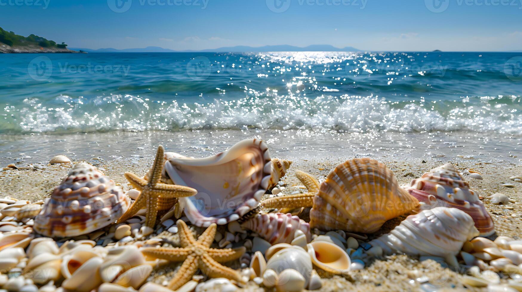 AI generated Azure coast of the ocean with palm trees, sand, surf and shells. AI Generated photo