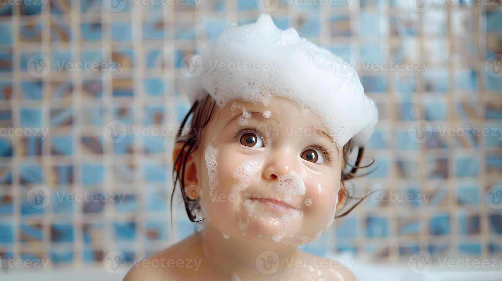 ai generado un linda pequeño niño con pequeño espuma en su cabeza. ai generado foto