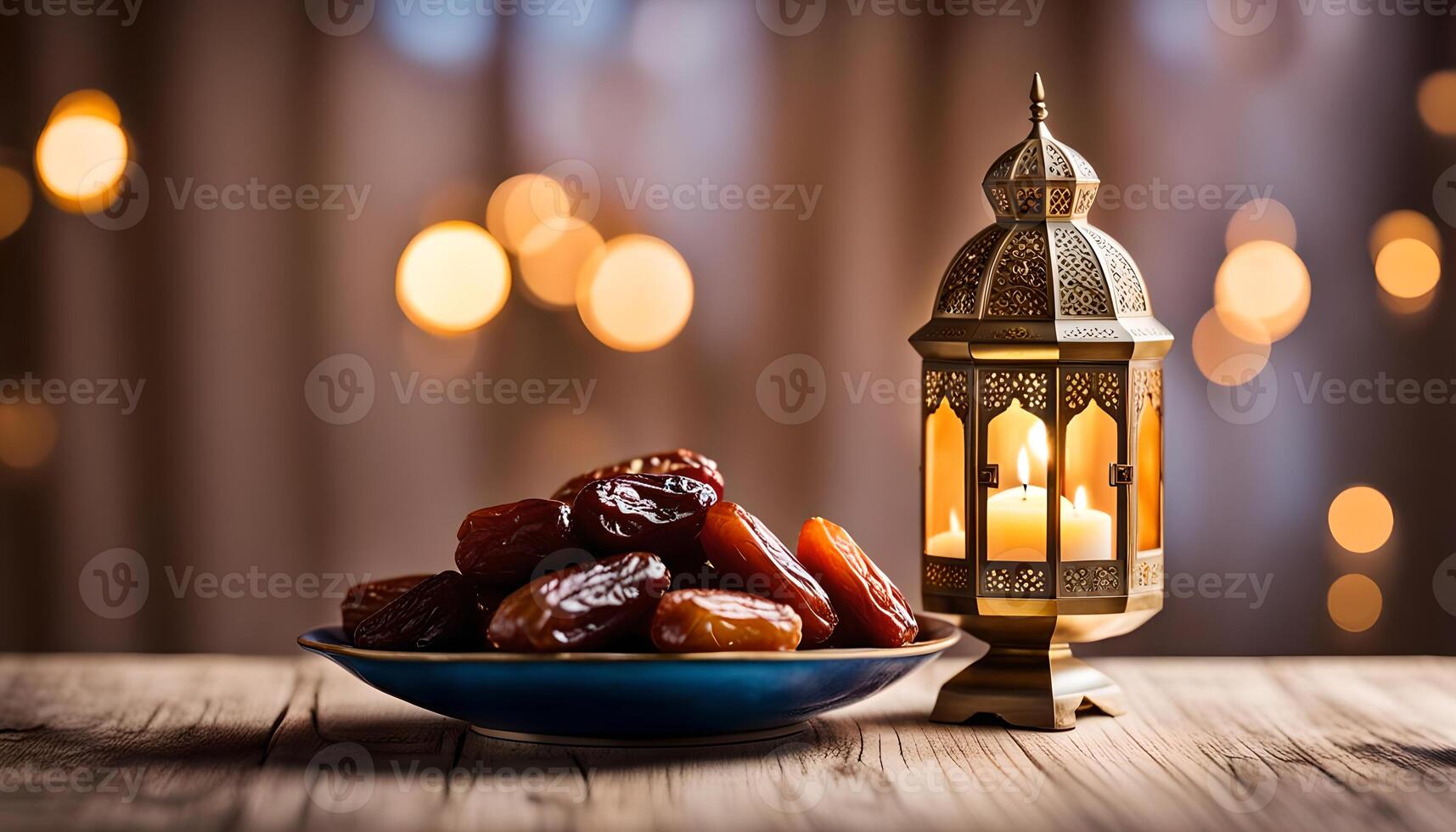 AI generated Ramadan lamp and dates still life photo