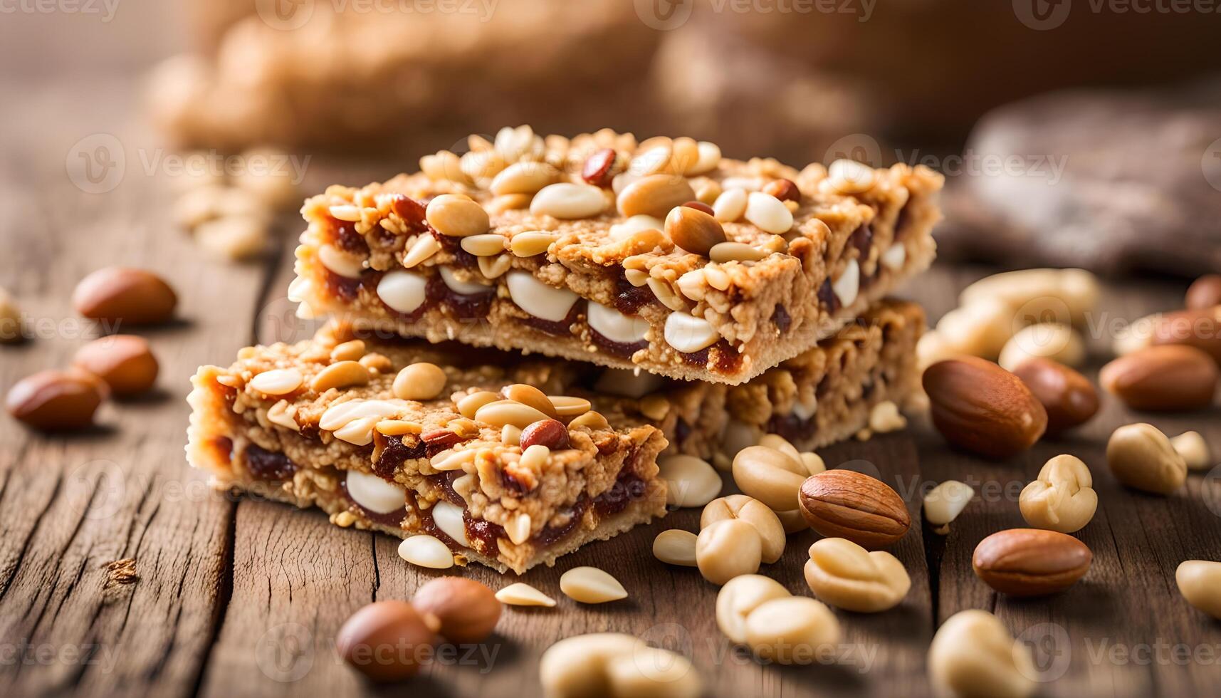 AI generated Granola bars on wooden table and peanuts photo