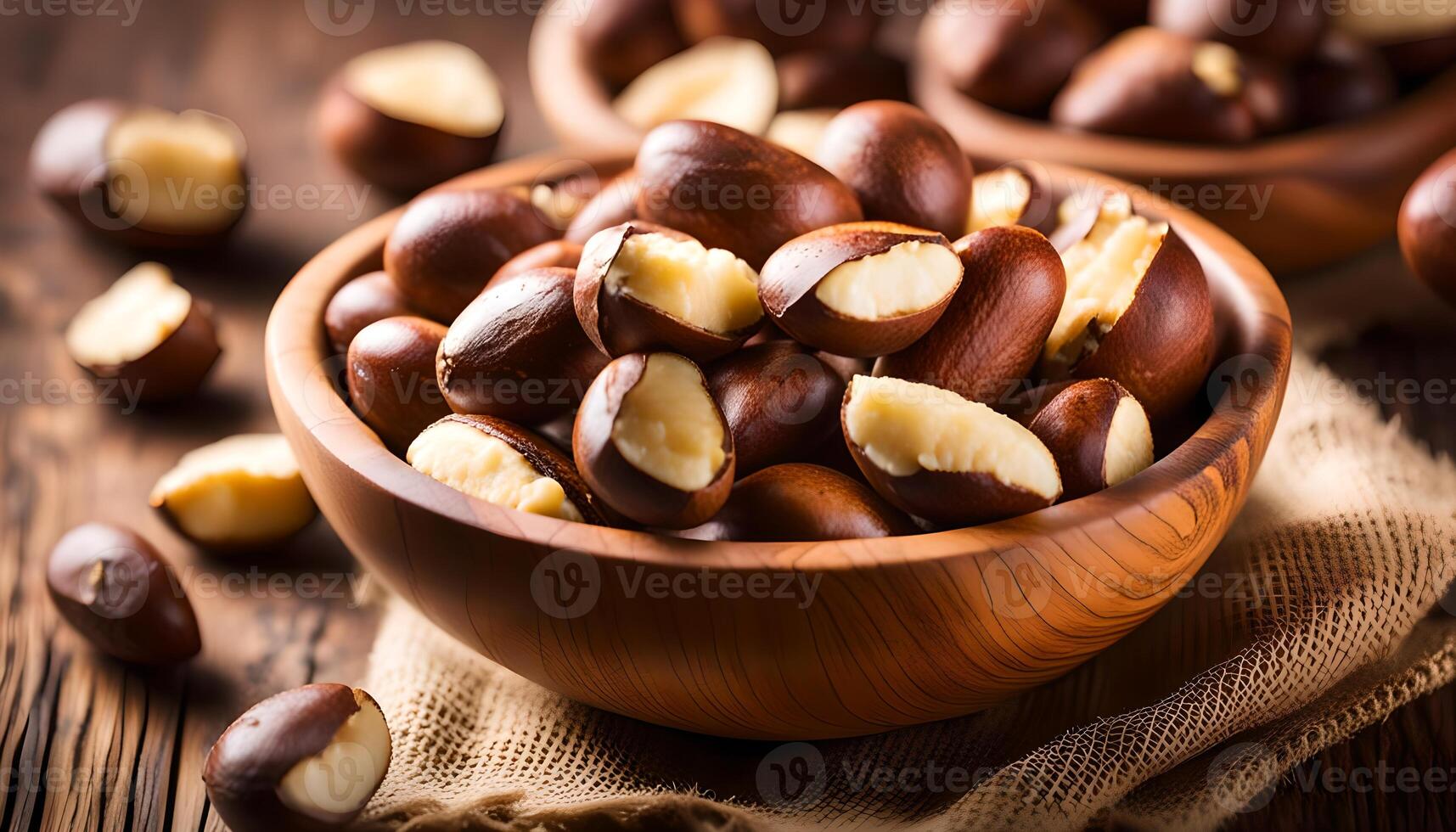 AI generated Brazil nuts in wooden bowl photo