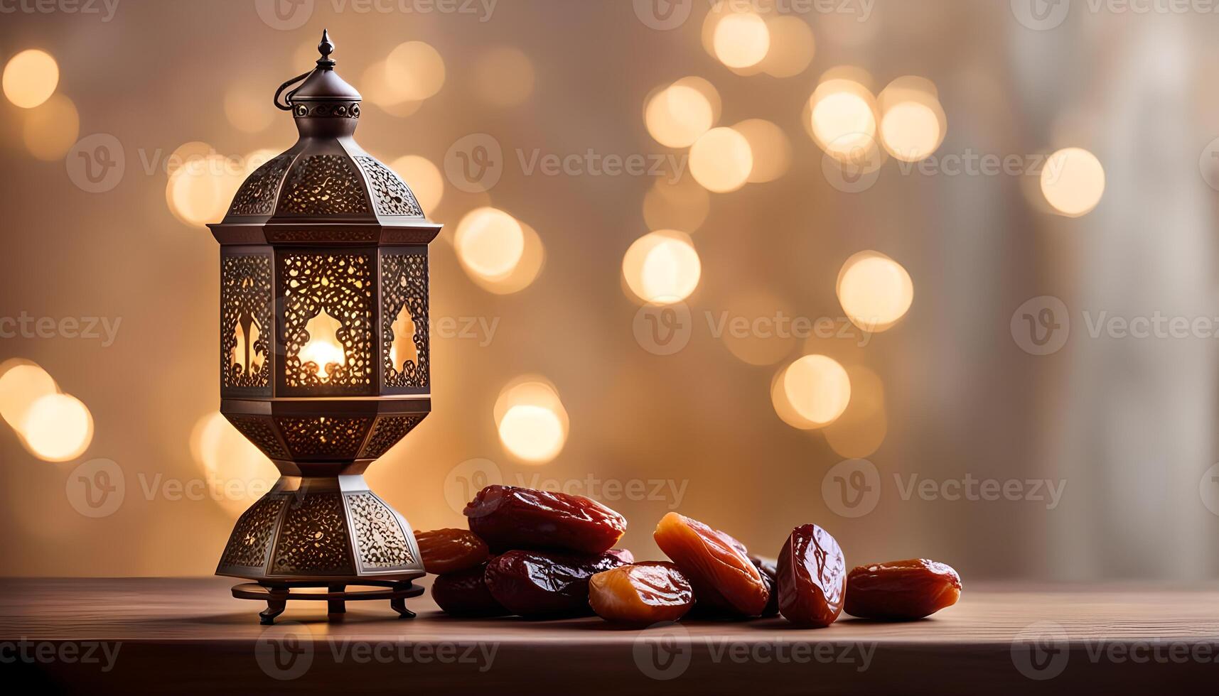 AI generated Ramadan lamp and dates still life photo