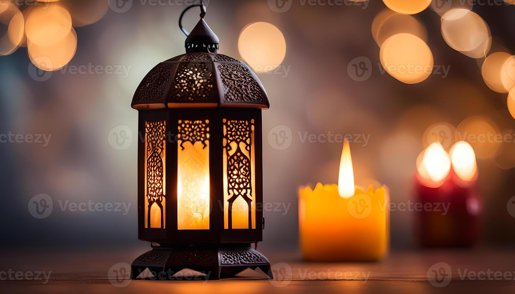 AI generated Ornamental Arabic lantern with burning candle glowing at night. photo