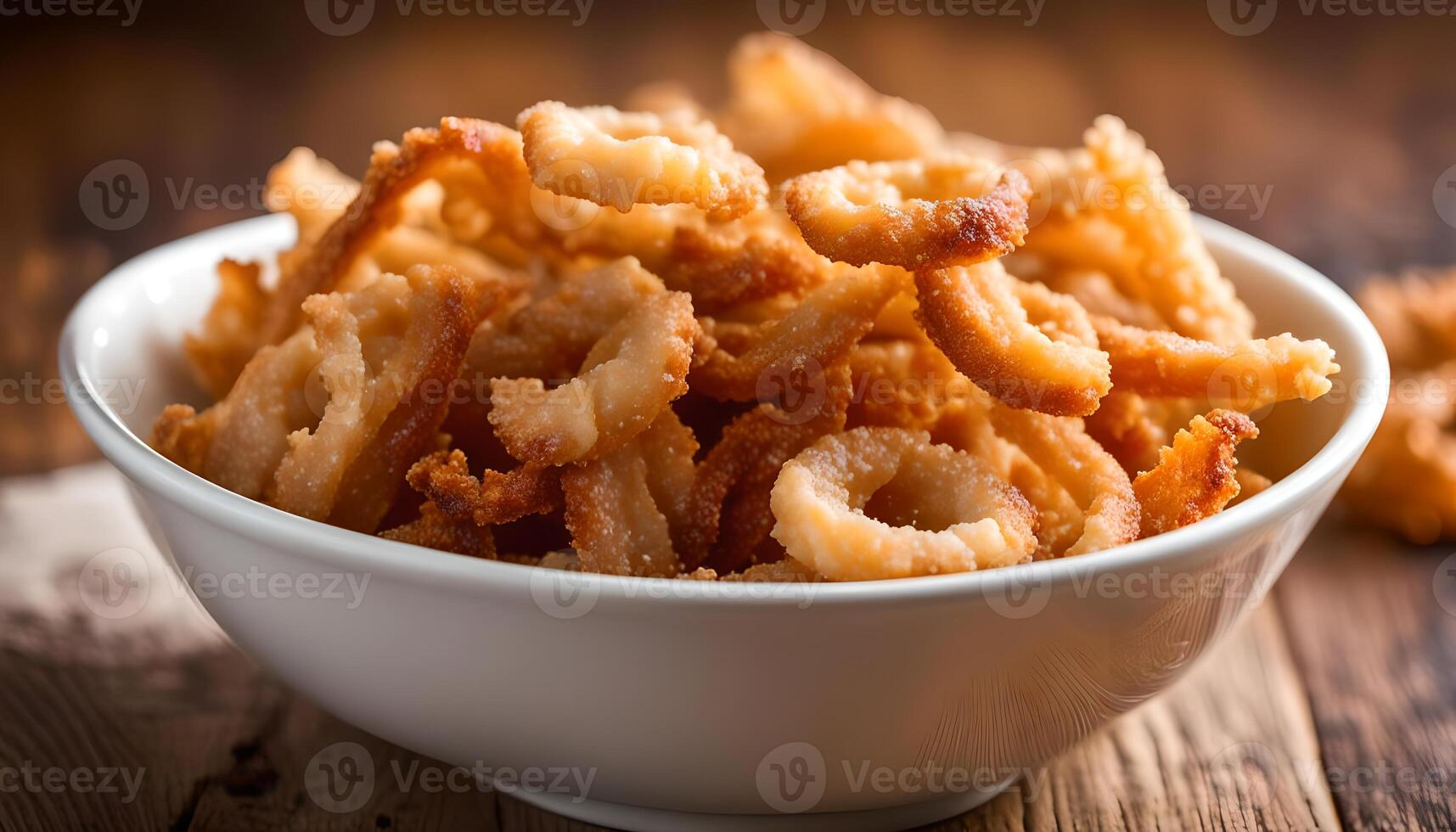 AI generated Pork rind, pork crackling in white bowl photo