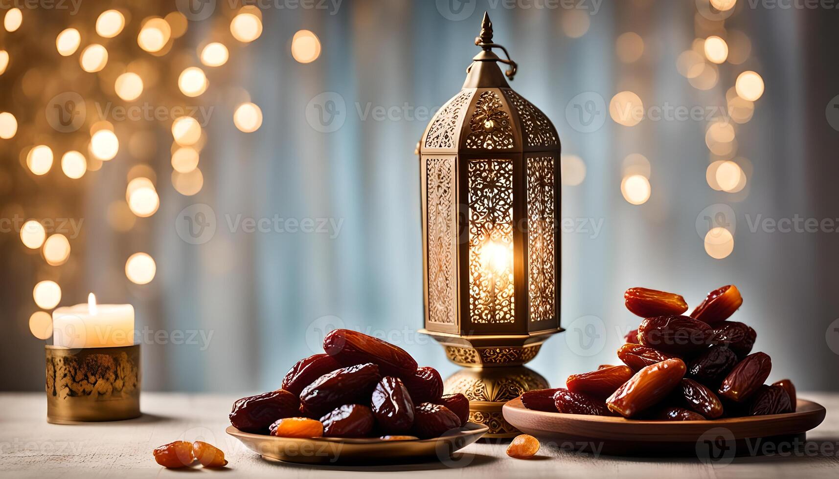 AI generated Ramadan lamp and dates still life photo