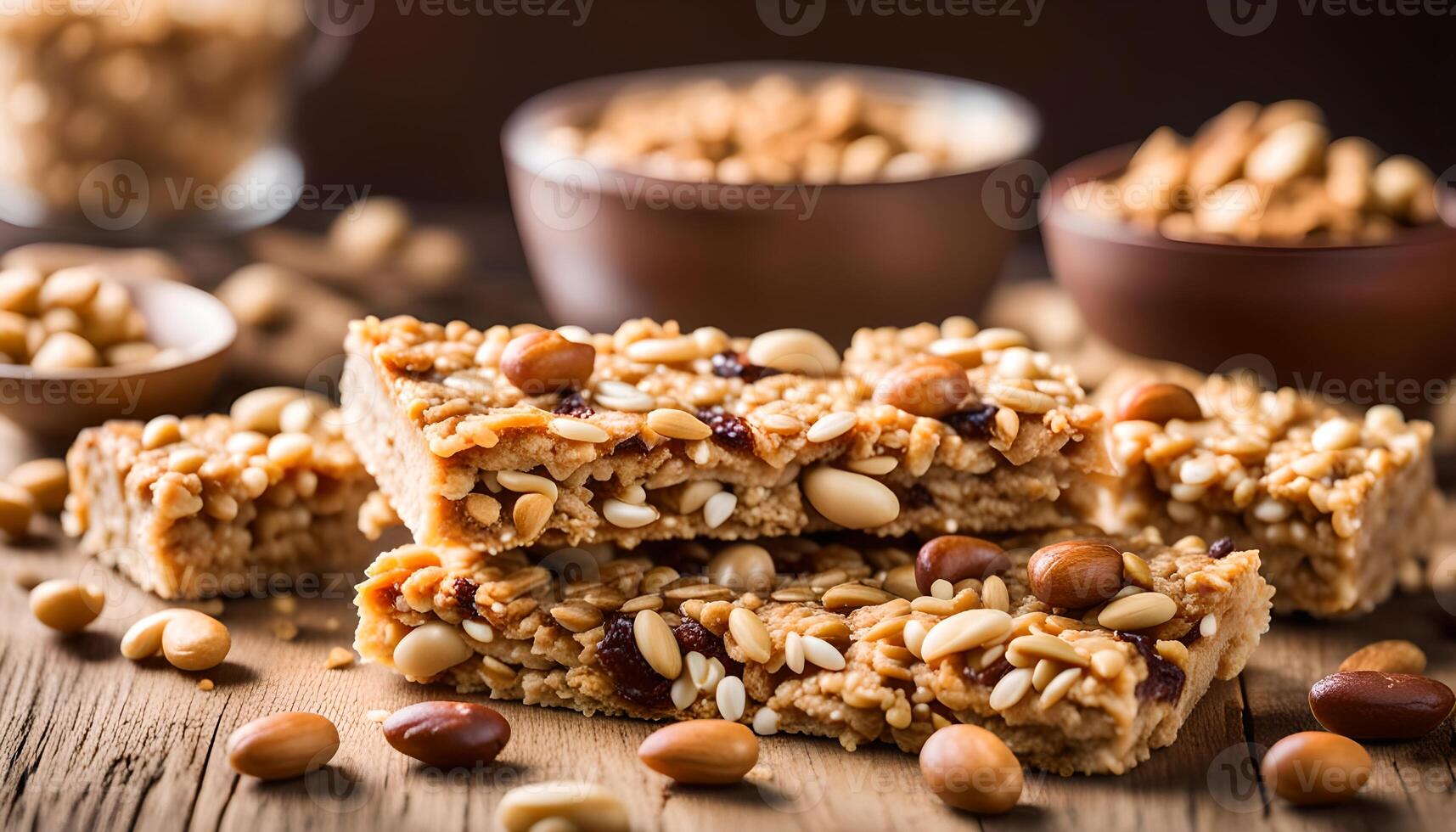 AI generated Granola bars on wooden table and peanuts photo