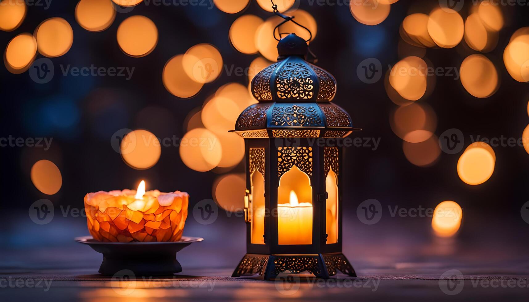 AI generated Ornamental Arabic lantern with burning candle glowing at night. photo