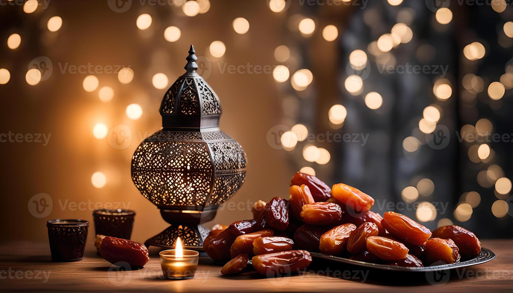 AI generated Ramadan lamp and dates still life photo