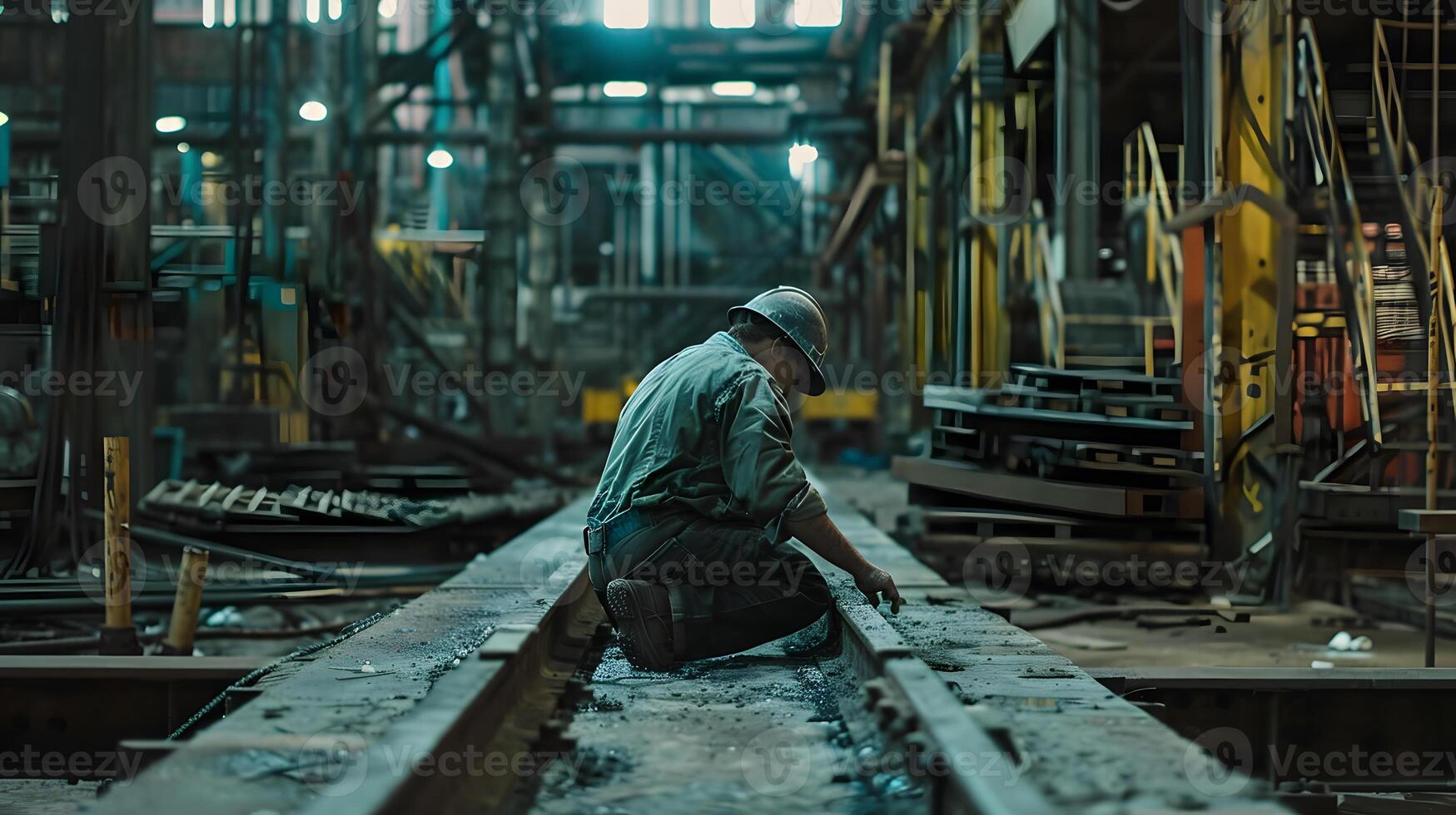 AI generated Portrait of a working man in a uniform and a hard hat. AI Generated photo