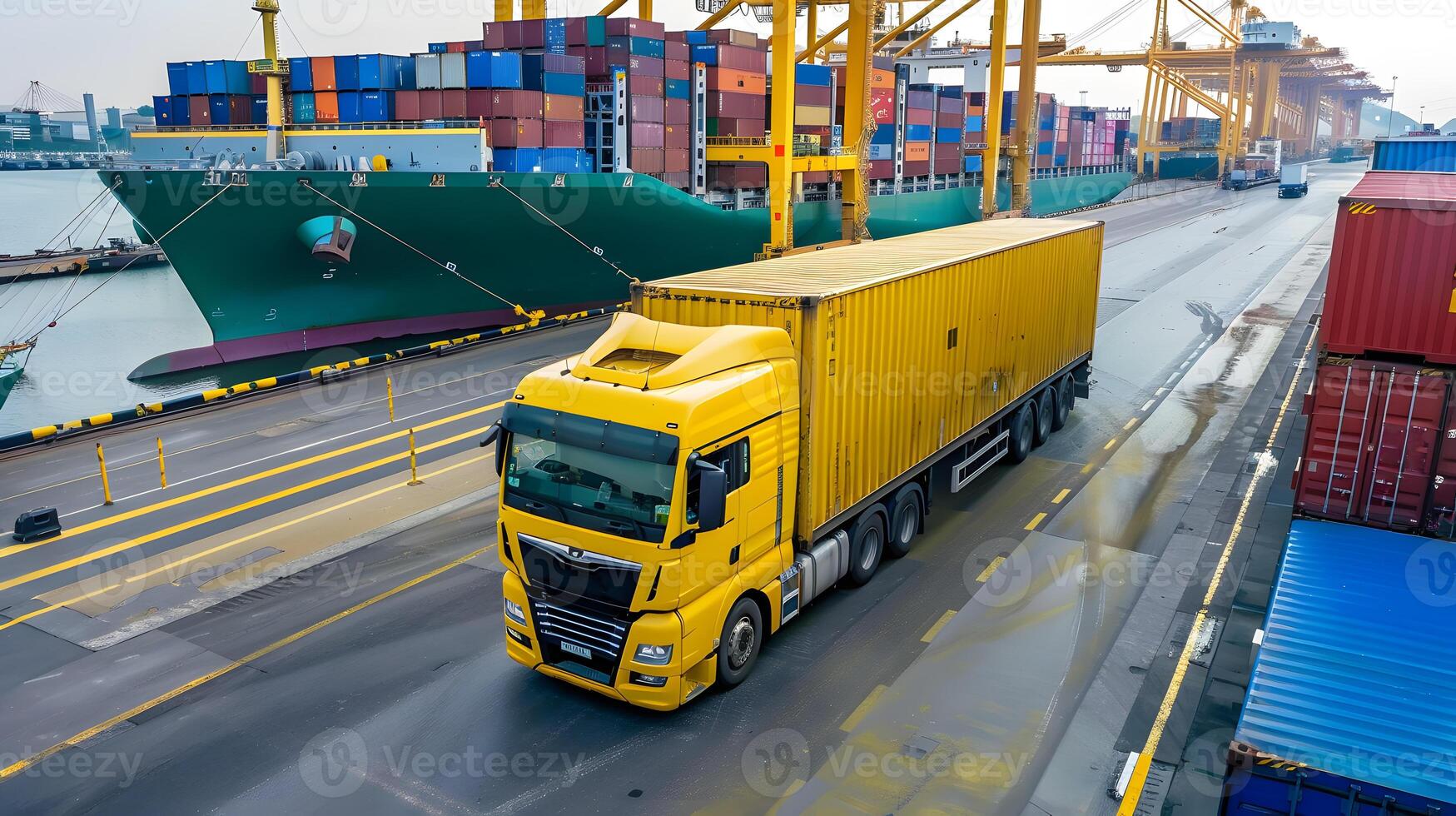 ai generado camión remolque en el muelle en el carga Puerto terminal con grúas y contenedores ai generado foto