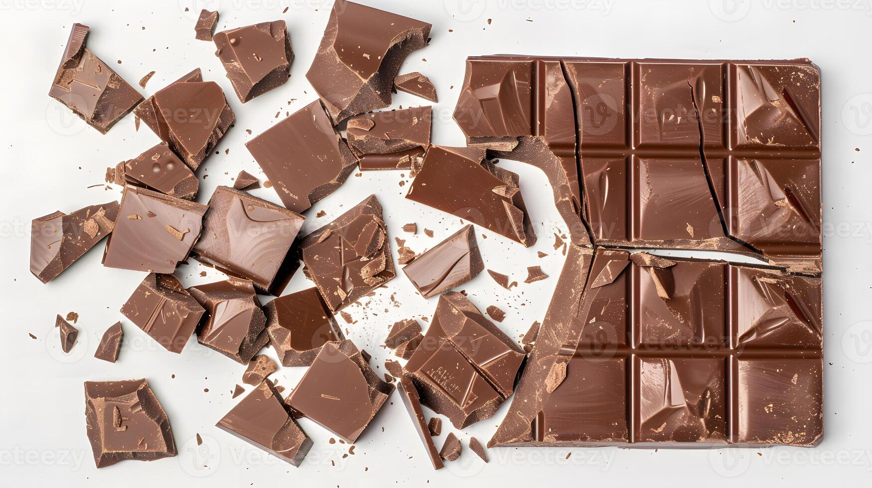 AI generated Sweet dark chocolate bar broken into pieces. AI Generated photo