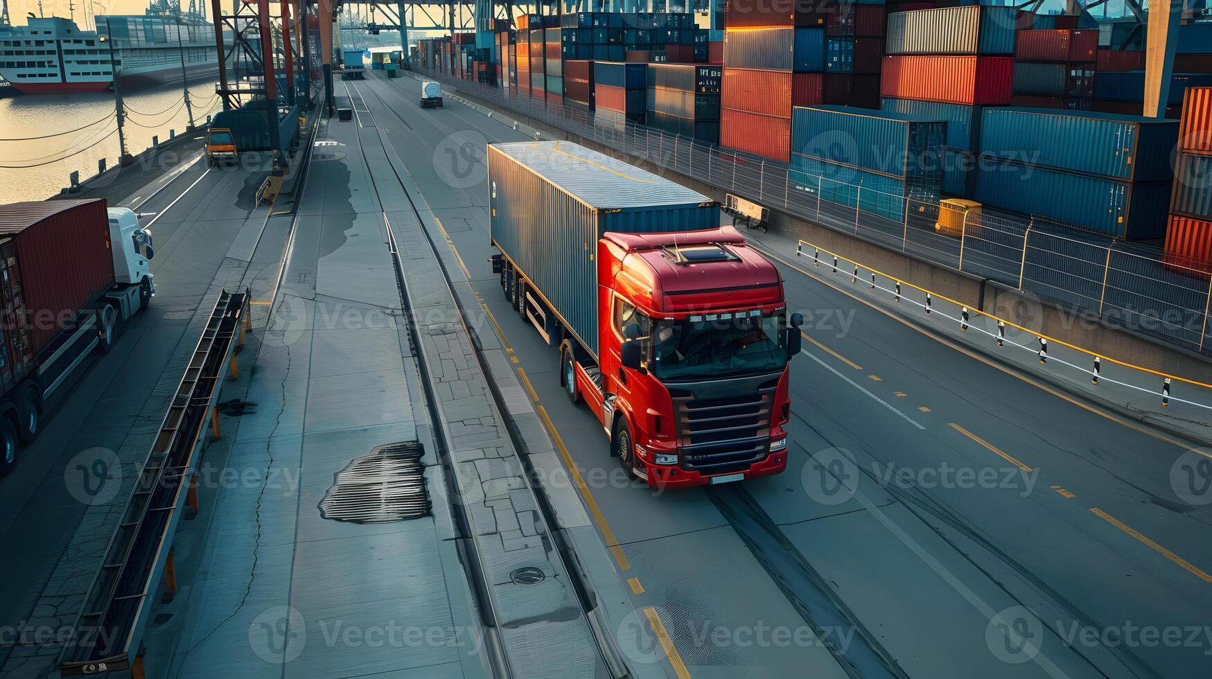 AI generated Truck trailer on the pier in the cargo port terminal with cranes and containers. AI Generated photo