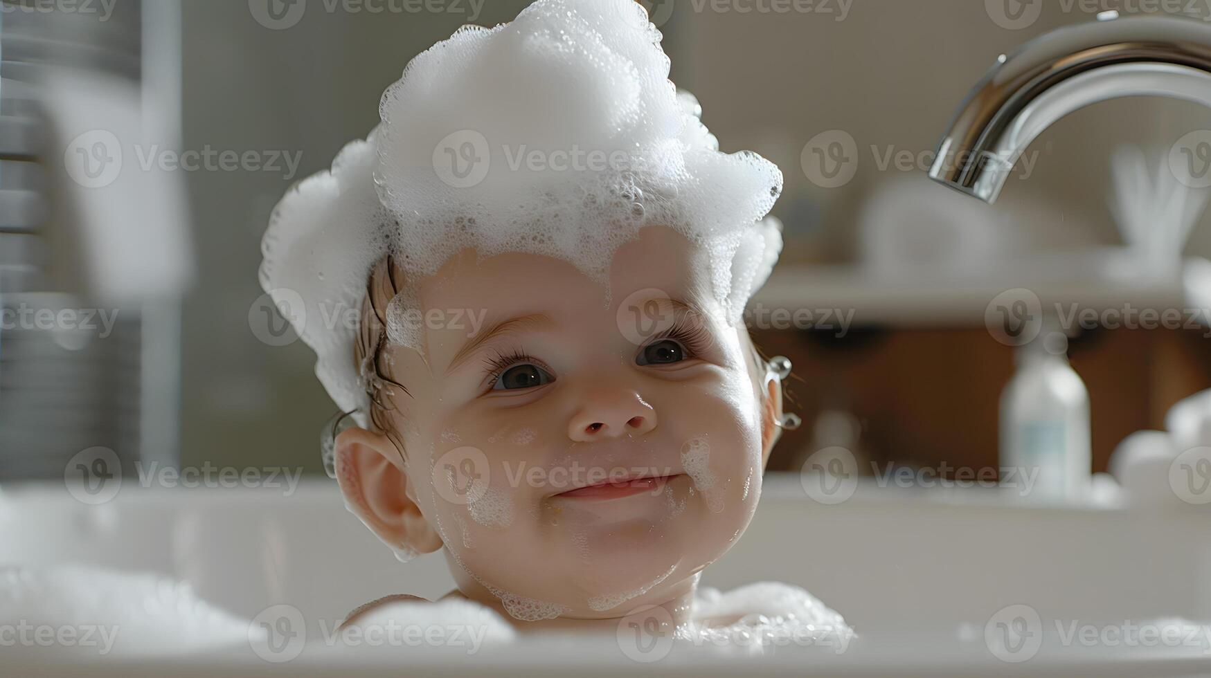 ai generado un linda pequeño niño con pequeño espuma en su cabeza. ai generado foto