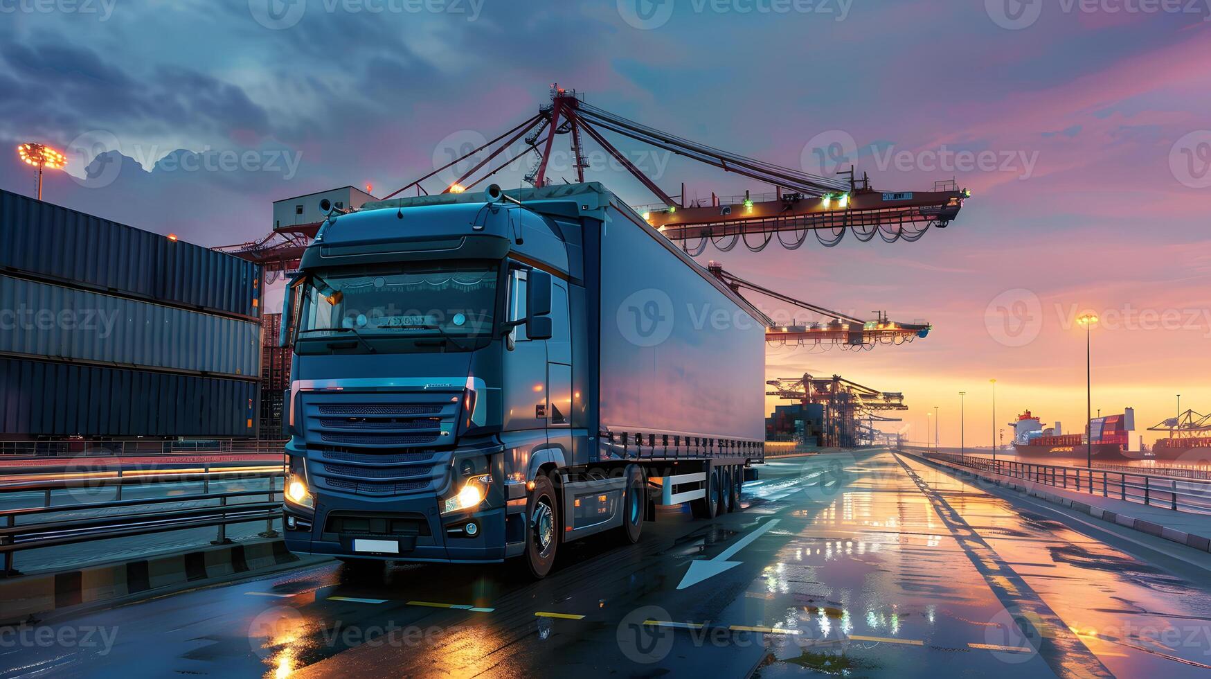 AI generated Truck trailer on the pier in the cargo port terminal with cranes and containers. AI Generated photo