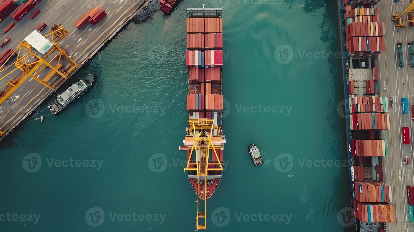 AI generated A ship for transporting cargo containers and also unloading it at the docks of a cargo port. AI Generated photo
