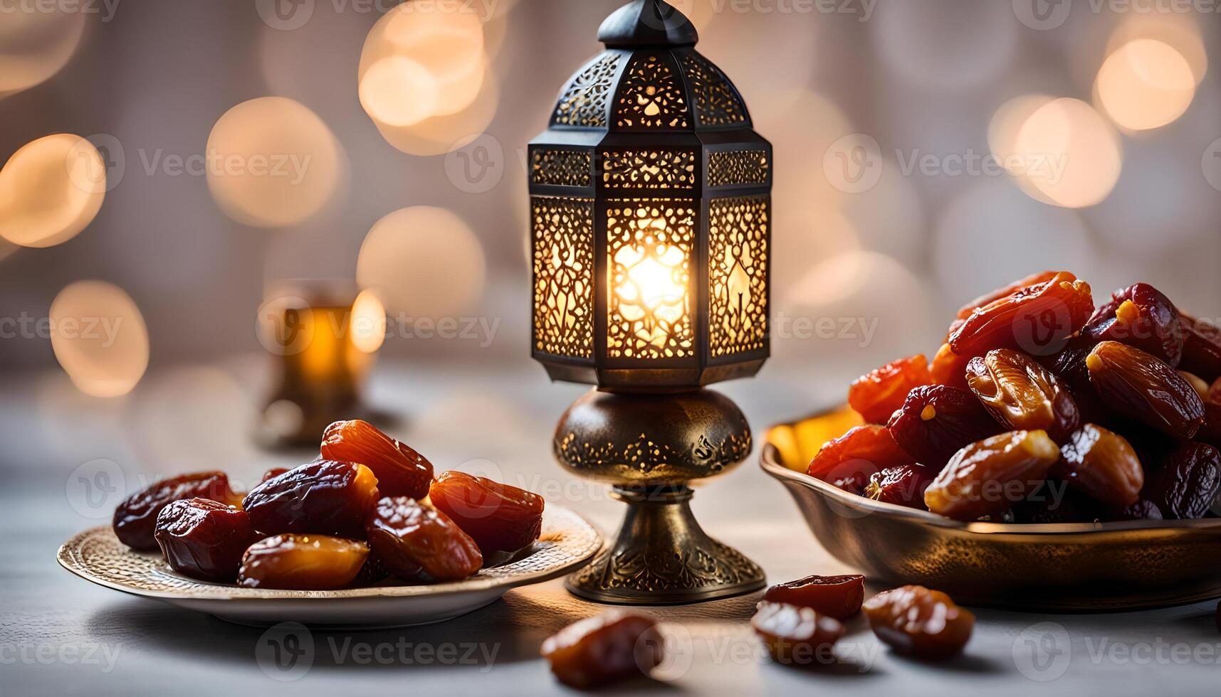 AI generated Ramadan lamp and dates still life photo