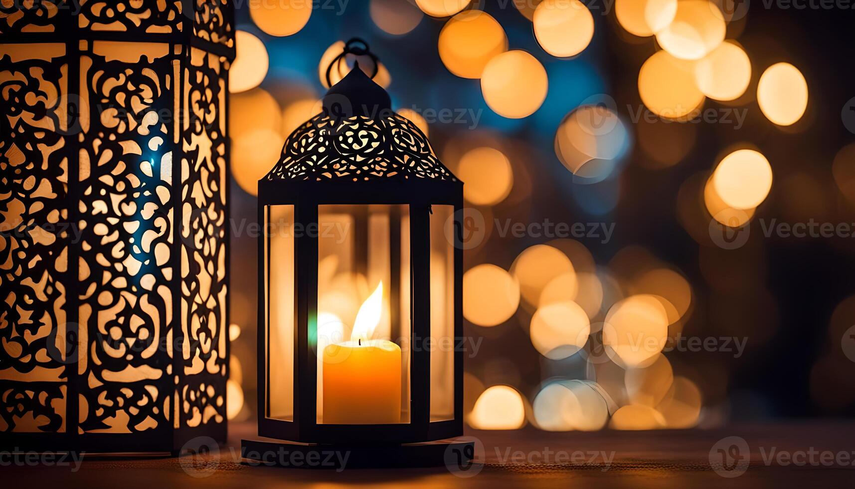 AI generated Ornamental Arabic lantern with burning candle glowing at night. photo