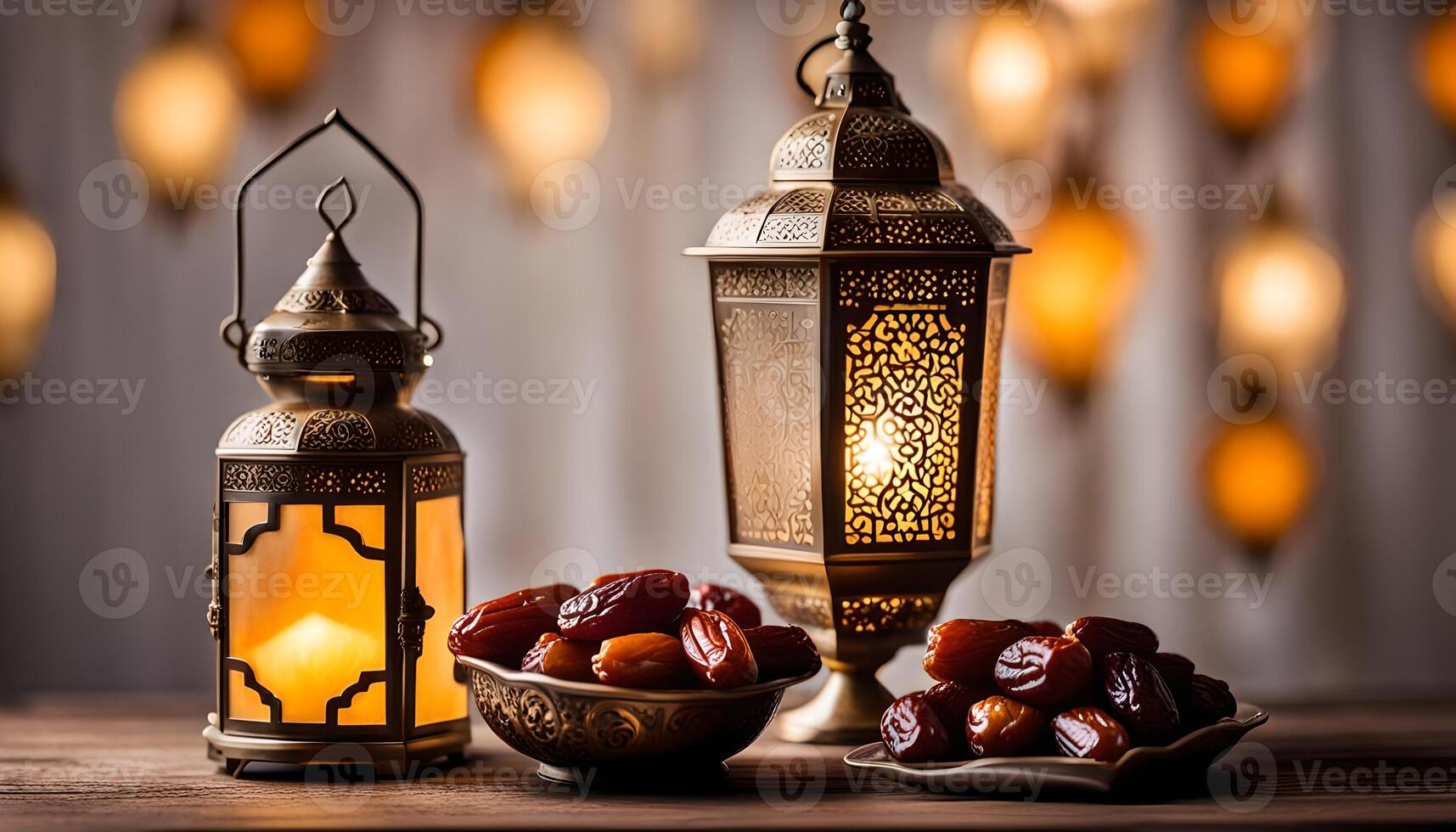 AI generated Ramadan lamp and dates still life photo