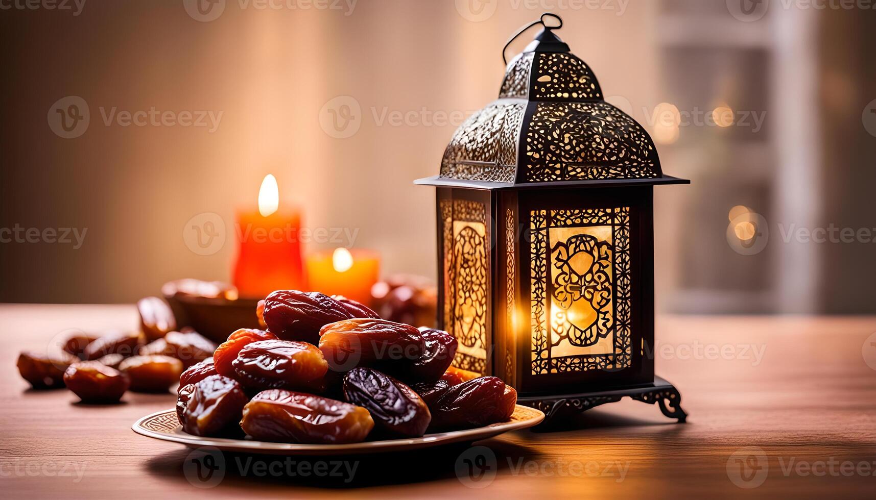AI generated Ramadan lamp and dates still life photo