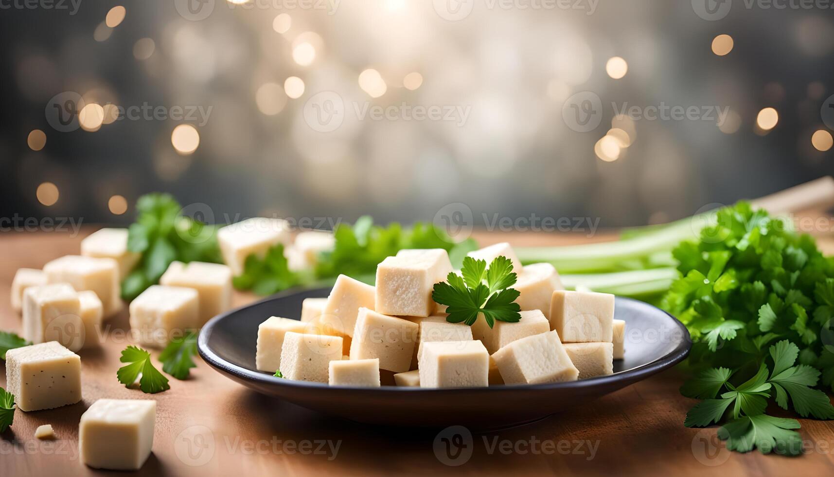 AI generated Tofu cubes in bowl and parsley photo