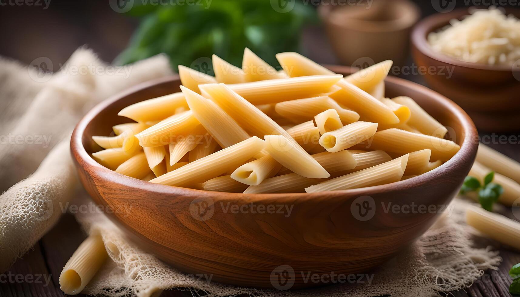 AI generated Raw penne pasta in wooden bowl photo
