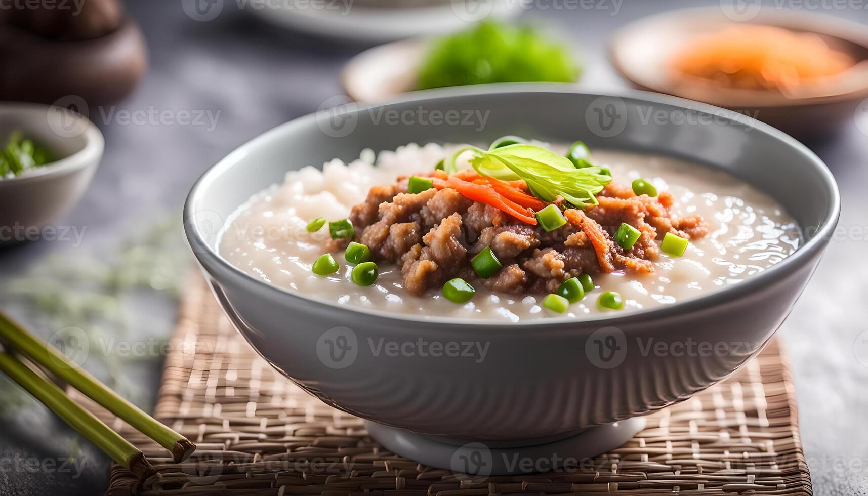 AI generated Congee with minced pork in bowl photo