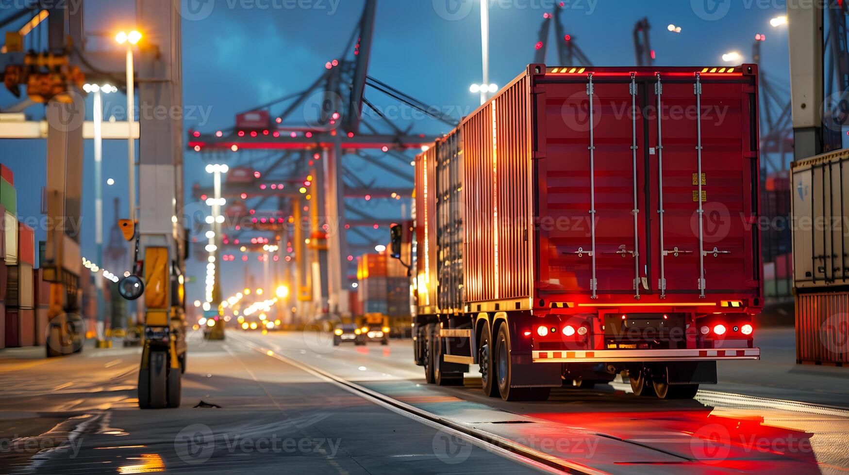 AI generated Truck trailer on the pier in the cargo port terminal with cranes and containers. AI Generated photo